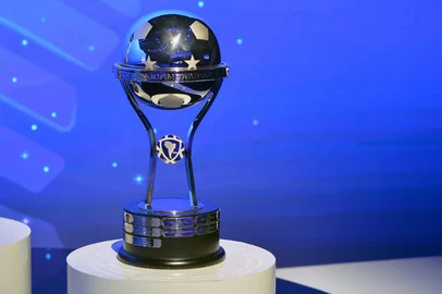 The Copa Libertadores (L) and Copa Sudamericana trophies are displayed before the draw for the round of 16 at the Conmebol headquarters in Luque, Paraguay, on June 2, 2025. (Photo by DANIEL DUARTE / AFP)<!-- NICAID(16050723) -->