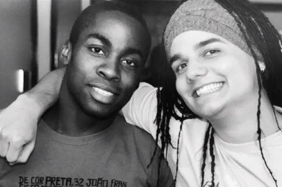 Lázaro Ramos e Wagner Mouro, em 2003, durante as gravações do extinto programa humorístico "Sexo Frágil", da TV Globo.<!-- NICAID(15377110) -->