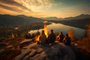 Group family and friends Go out set up tent and camping on fire, surrounded blazing fire with fuN. Sit and look view of valley and lake cold night in park. camping concept. generator AI illustration Fonte: 619092650<!-- NICAID(15644100) -->