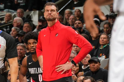 SAN ANTONIO, TX - APRIL 21: Head Coach Tiago Splitter of the Portland Trail Blazers looks on during the game against the San Antonio Spurs during Round One Game Two of the 2026 NBA Playoffs on April 21, 2026 at the Frost Bank Center in San Antonio, Texas. NOTE TO USER: User expressly acknowledges and agrees that, by downloading and or using this photograph, user is consenting to the terms and conditions of the Getty Images License Agreement. Mandatory Copyright Notice: Copyright 2026 NBAE   Jesse D. Garrabrant/NBAE via Getty Images/AFP (Photo by Jesse D. Garrabrant / NBAE / Getty Images / Getty Images via AFP)<!-- NICAID(16270667) -->