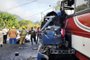View of the buses that crashed, leaving several dead, at a highway that connects the municipalities of Santa Rosa de Copan and Gracias, in Honduras on February 28, 2024. At least 15 people died this Wednesday and an unknown number were injured when two buses collided on a highway in northwest Honduras, firefighters reported. (Photo by STRINGER / AFP)<!-- NICAID(15691823) -->