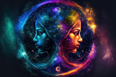 Gemini zodiac sign against space nebula background. Astrology calendar. Esoteric horoscope and fortune telling concept. Created with Generative AIGemini zodiac sign against space nebula background. Astrology calendar. Esoteric horoscope and fortune telling concept. Generative AIFonte: 565960059<!-- NICAID(15505443) -->