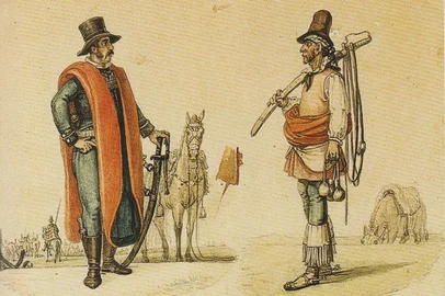 Jean-Baptiste Debret, Homem do Rio Grande, ou gaúcho, 1825, Aquarela sobre papel, 16,5 por 21,5 cm,  Museu Castro Maia, Rio de Janeiro<!-- NICAID(14901734) -->