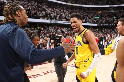 CLEVELAND, OH - MAY 6: Tyrese Haliburton #0 of the Indiana Pacers celebrates after the game against the Cleveland Cavaliers during Round 2 Game 2 of the 2025 NBA Playoffs on May 6, 2025 at Rocket Arena in Cleveland, Ohio. NOTE TO USER: User expressly acknowledges and agrees that, by downloading and/or using this Photograph, user is consenting to the terms and conditions of the Getty Images License Agreement. Mandatory Copyright Notice: Copyright 2025 NBAE   Joe Murphy/NBAE via Getty Images/AFP (Photo by JOE MURPHY / NBAE / Getty Images / Getty Images via AFP)<!-- NICAID(16034153) -->