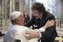 This handout photograph taken on February 11, 2024 and released by the Vatican press office, Vatican Media, shows Pope Francis (L) greeting Argentine President Javier Milei (R) at the Vatican. (Photo by Handout / VATICAN MEDIA / AFP)<!-- NICAID(15675946) -->