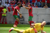 Morocco's defender #2 Ashraf Hakimi (L) and striker #10 Brahim Diaz celebrate after Diaz scored during the international friendly football match between Morocco and Norway at Sports Illustrated Stadium in Harrison, New Jersey, on June 7, 2026. (Photo by ANGELA WEISS / AFP)<!-- NICAID(16304156) -->