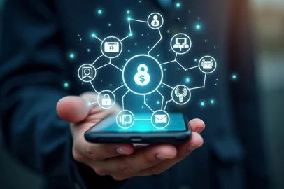 person's hand holding a phone, with various app icons and symbols emerging from the screen, suggesting connectivity and technologyFonte: 1360355221<!-- NICAID(16047124) -->