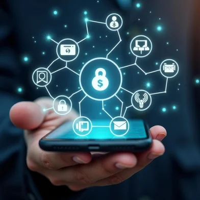 person's hand holding a phone, with various app icons and symbols emerging from the screen, suggesting connectivity and technologyFonte: 1360355221<!-- NICAID(16047124) -->