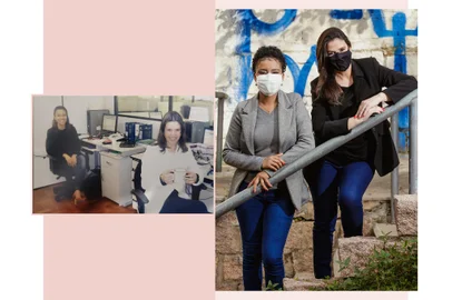 Pauta especial de Dia do Amigo da Revista Donna reúne histórias de amigas da vida toda. Na foto, Elena Borges de Castro (de preto) e Elisângela Andrade (de cinza). Montagens para o ONLINE.<!-- NICAID(14835850) -->