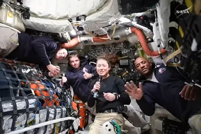 Artemis II crew members Jeremy Hansen, Reid Wiseman, Christina Koch, and Victor Glover answer questions from reporters during the first downlink event of their mission.<!-- NICAID(16258600) -->