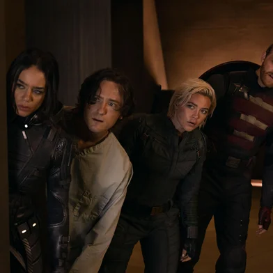 (L-R) Yelena Belova (Florence Pugh), John Walker (Wyatt Russell), Ghost (Hannah John-Kamen) and Red Guardian/Alexei Shostakov (David Harbour) in Marvel Studios' THUNDERBOLTS*. Photo courtesy of Marvel Studios. Â© 2024 MARVEL.<!-- NICAID(16026621) -->