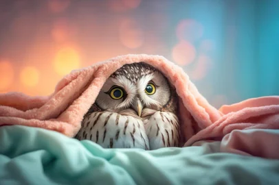 owl in pijama having insomnia lying bed, concept of Sleeplessness created with Generative AI technologyStudio portrait of owl in pijama having insomnia lying bed, created with Generative AI technologyFonte: 597885633<!-- NICAID(15467384) -->