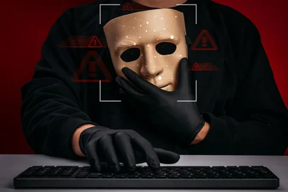 Man holding artificial face mask with facial recognition scanning overlay, representing AI deepfake technology, online scam, identity fraud, fake media detection, and cybersecurity threat awareness.<!-- NICAID(16287475) -->