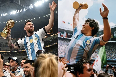 Anne-Christine POUJOULAT / AFP (COMBO) This combination of pictures created on December 18, 2022 shows Argentina's forward Lionel Messi (L) holding the World Cup trophy after beating France during the Qatar 2022 World Cup final football match at Lusail Stadium in Lusail, north of Doha on December 18, 2022 and Argentina's captain Diego Armando Maradona (R) holding the World Cup trophy won by his team after a 3-2 victory over West Germany on June 29, 1986 at the Azteca Stadium in Mexico City. (Photo by Anne-Christine POUJOULAT / AFP)Editoria: SPOLocal: DohaIndexador: ANNE-CHRISTINE POUJOULATSecao: soccerFonte: AFPFotógrafo: STF<!-- NICAID(15298653) -->