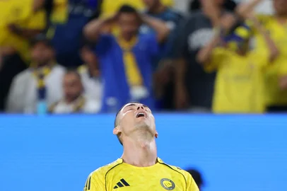Nassr's Portuguese forward #07 Cristiano Ronaldo reacts during the 2026 AFC Champions League Two final football match between Al-Nassr and Gamba Osaka at the Al-Awwal Park Stadium in Riyadh on May 16, 2026. (Photo by Fayez NURELDINE / AFP)<!-- NICAID(16286770) -->