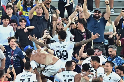 Botafogo's Brazilian forward #99 Igor Jesus celebrates with supporters after scoring the opening goal during the FIFA Club World Cup 2025 Group B football match between France's Paris Saint-Germain and Brazil's Botafogo at the Rose Bowl stadium in Los Angeles on June 19, 2025. (Photo by Frederic J. Brown / AFP)<!-- NICAID(16063901) -->