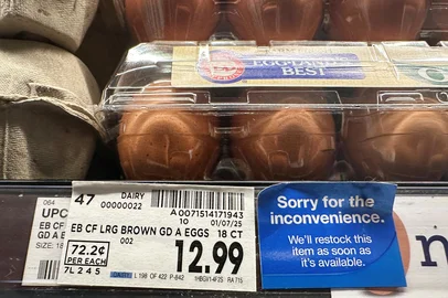 Eggs for sale at 72.2 cents per egg from a supermarket on February 10, 2025 in Monterey Park, California. A resurgence of avian flu, which first struck the United States in 2022, is hitting chicken farms hard, sending egg prices soaring and rattling consumers accustomed to buying this dietary staple for only a few dollars. (Photo by Frederic J. BROWN / AFP)<!-- NICAID(15977324) -->