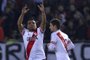 Argentina's River Plate defender Gabriel Mercado (L) celebrates after scoring against Paraguay's Guarani during their Libertadores Cup semifinal first leg football match at the Monumental Antonio Vespucio Liberti stadium in Buenos Aires, on July 14,  2015.   AFP PHOTO / ALEJANDRO PAGNI (Photo by ALEJANDRO PAGNI / AFP)Editoria: SPOLocal: Buenos AiresIndexador: ALEJANDRO PAGNISecao: soccerFonte: AFP<!-- NICAID(15661947) -->