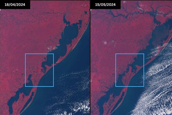Composição colorida obtida através de imagens do satélite Sentinel-3 revela uma vasta área inundada ao longo do Canal São Gonçalo, tornando mais evidente a conexão já existente entre a Lagoa dos Patos e a Lagoa Mirim. Foto: LODS / FURG/ DIVULGAÇÃO<!-- NICAID(15766525) -->