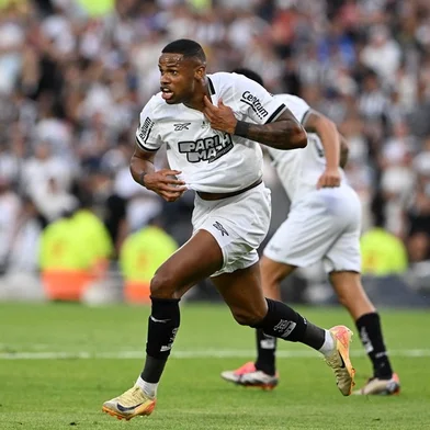 Botafogo's forward #11 Junior Santos celebrates after scoring his team third goal during the Copa Libertadores final football match between Brazilian teams Atletico Mineiro and Botafogo at the Mas Monumental Stadium in Buenos Aires on November 30, 2024.