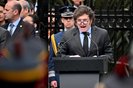 Argentina's President Javier Milei delivers a speech during a ceremony to commemorate the 42nd anniversary of the war between Argentina and the United Kingdom over the Malvinas/Falkland islands, at the Cenotaph to the Fallen of the Malvinas War in Buenos Aires, on April 2, 2024. (Photo by Luis ROBAYO / AFP)<!-- NICAID(15723305) -->