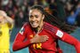 Spain's forward #18 Salma Paralluelo celebrates scoring her team's first goal during the Australia and New Zealand 2023 Women's World Cup semi-final football match between Spain and Sweden at Eden Park in Auckland on August 15, 2023. (Photo by Marty MELVILLE / AFP)<!-- NICAID(15511915) -->