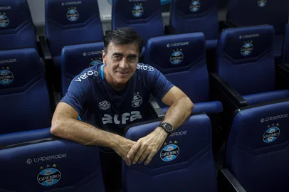 Porto Alegre, RS, Brasil, 27-03-2025: Entrevista com o técnico do Grêmio, Gustavo Quinteros, no CT Luiz Carvalho. Foto: Mateus Bruxel / Agência RBSIndexador: MATEUS BRUXEL<!-- NICAID(16004754) -->