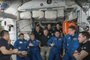 This handout screen grab courtesy of Nasa TV shows members of the SpaceX Dragon Crew-6 mission (in blue) Mission Specialist Sultan Alneyadi of the United Arab Emirates (L), Commander Stephen Bowen (C-L), Mission Specialist Andrey Fedyaev of Roscosmos (C-R) and Pilot Warren "Woody" Hoburg (R) as they are welcomed inside the International Space Station on March 3, 2023. - The Dragon crew capsule, dubbed Endeavour, docked at the ISS at 1:40 am (0617 GMT) on March 3, 2023 after a 24-hour voyage. (Photo by NASA TV / AFP) / RESTRICTED TO EDITORIAL USE - MANDATORY CREDIT "AFP PHOTO / NASA TV / HANDOUT " - NO MARKETING - NO ADVERTISING CAMPAIGNS - DISTRIBUTED AS A SERVICE TO CLIENTSEditoria: SCILocal: In spaceIndexador: -Secao: space programmeFonte: NASA TVFotógrafo: Handout<!-- NICAID(15365263) -->