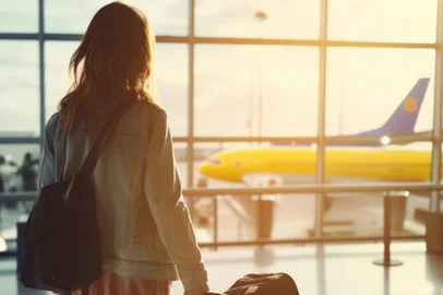 Backpacker woman at airport abstract background. Travel vacation concept. Generative ai.Fonte: 629131570<!-- NICAID(15663474) -->
