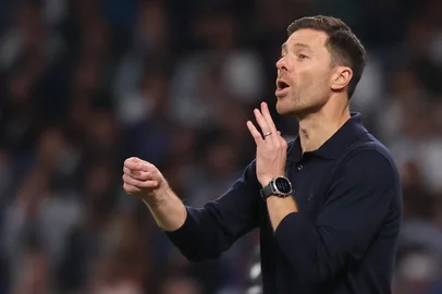 Real Madrid's Spanish coach Xabi Alonso gestures during the Spanish League football match between Real Madrid CF and Valencia CF at Santiago Bernabeu Stadium in Madrid on November 1, 2025. (Photo by Oscar DEL POZO / AFP)<!-- NICAID(16158857) -->