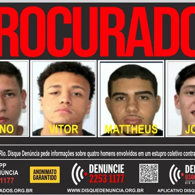 RIO DE JANEIRO, RJ, BRASIL, 03-03-2026: Disque-denúncia exibe cartaz de procurados por estupro coletivo. Bruno Felipe dos Santos Allegretti, de 18 anos; Vitor Hugo Oliveira Simonin, de 18; Mattheus Verissimo Zoel Martins, de 19; e João Gabriel Xavier Bertho, de 19. Foto: Disque Denúncia/Reprodução<!-- NICAID(16237540) -->