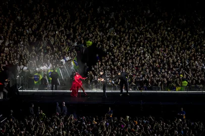 US pop star Lady Gaga performs during her concert at Copacabana beach in Rio de Janeiro, Brazil on May 3, 2025. (Photo by Daniel RAMALHO / AFP)<!-- NICAID(16029443) -->