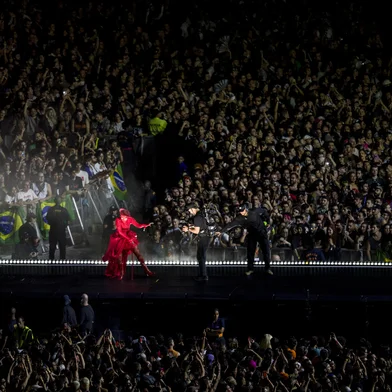 US pop star Lady Gaga performs during her concert at Copacabana beach in Rio de Janeiro, Brazil on May 3, 2025. (Photo by Daniel RAMALHO / AFP)<!-- NICAID(16029443) -->