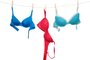 Female color bra hanging on rope isolated on white background.Indexador: Nik MerkulovFonte: 135029522<!-- NICAID(14835754) -->
