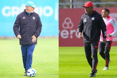 Colagem com Mano Menezes, treinador do Grêmio, e Roger Machado, treinador do Inter.<!-- NICAID(16055140) -->