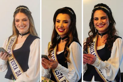 Candidatas à rainha da Festa da Uva, em Caxias, respondem a perguntas usando apenas emojis. Na foto, Ana Carolina Pellicioli Catafesta, Eduarda Ruzzarin Menezes e Gabriela Letícia Boff. <!-- NICAID(15512675) -->