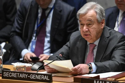 UN Secretary-General Antonio Guterres speaks during a UN Security Council meeting on the situation in the Middle East, including the Palestinian question, at UN headquarters in New York City on April 18, 2024. Guterres painted a dark picture of the situation in the Middle East, warning that spiraling tensions over the war in Gaza and Iran's attack on Israel could devolve into a "full-scale regional conflict." (Photo by ANGELA WEISS / AFP)<!-- NICAID(15739384) -->