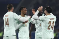 France's forward #11 Michael Olise (2L) celebrates scoring his team's third goal with France's midfielder #14 Adrien Rabiot (L) and France's defender #04 Dayot Upamecano and France's forward #24 Rayan Cherki (R) during the international friendly football match between France and North Ireland at the Decathlon Arena - Pierre Mauroy stadium in Villeneuve-d'Ascq, northern France on June 8, 2026, ahead of the 2026 FIFA World Cup football tournament.<!-- NICAID(16302220) -->