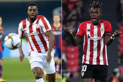 *A PEDIDO DE NIKOLAS MONDADORI* Iñaki e Nicholas Williams, atletas do Athletic Bilbao - Foto: Cristina Quicler/Cesar Manso/AFP<!-- NICAID(15267887) -->