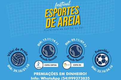 A cidade Caxias do Sul irá sediar, de outobro a novembro, o evento denominado Festival de Esportes de Areia, que acontecerá na nova Arena Beach do clube Recreio Cruzeiro. O projeto que conta com o incentivo do Fiesporte da Prefeitura Municipal de Caxias do Sul, será disputado em quatro finais de semana. <!-- NICAID(14898904) -->
