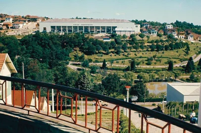 Vista do Parque dos Macaquinhos - Parque Getúlio Vargas, a partir das escadarias da Rua Os Dezoito do Forte, nos anos 1960. Ao fundo, o antigo Pavilhão da Festa da Uva (Pavilhão Feira Industrial, atual prefeitura). Arborização do parque foi uma das tantas obras deixadas pelo engenheiro agrônomo José Zugno.<!-- NICAID(15113116) -->