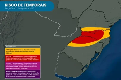 Reprodução / Climatempo Risco de temporais na terça-feira no Rio Grande do Sul