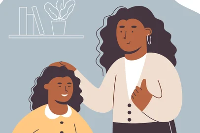 Happy mom showing thumb up hand to praise smiling daughter. . Mother helps little schoolgirl daughter with homework, praises, supports<!-- NICAID(15946985) -->