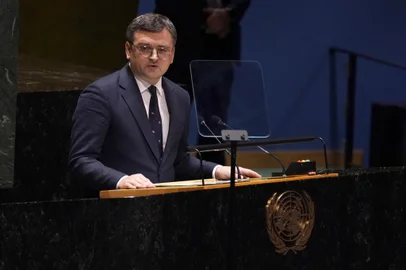 Ukrainian Minister of Foreign Affairs Dmytro Kuleba speaks during the Eleventh Emergency Special Session of the General Assembly on Ukraine, at UN headquarters in New York City on February 22, 2023. - UN Secretary General Antonio Guterres on Wednesday condemned Russia's invasion of Ukraine as the world body's General Assembly met in a special session two days before the anniversary of Moscow's attack. "That invasion is an affront to our collective conscience," Guterres said, calling the anniversary "a grim milestone for the people of Ukraine and for the international community." (Photo by TIMOTHY A. CLARY / AFP)<!-- NICAID(15357314) -->