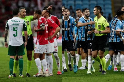 Colagem de fotos de Inter e Grêmio em reclamações com a arbitragem<!-- NICAID(16049785) -->