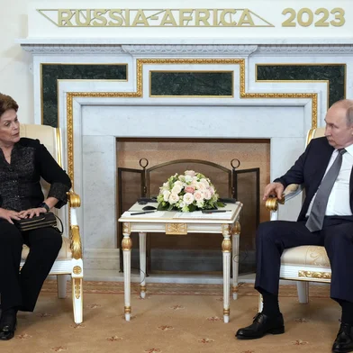 Russian President Vladimir Putin meets with Dilma Rousseff, Chair of the New Development Bank, in Strel'na, outside Saint Petersburg, on July 26, 2023, ahead of the second Russia-Africa summit. (Photo by Alexey DANICHEV / SPUTNIK / AFP)<!-- NICAID(15492708) -->