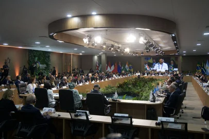 General view of the G20 foreign ministers meeting in Rio de Janeiro, Brazil, taken on February 21, 2024. Foreign ministers of the G20 group of nations open a two-day meeting Wednesday in Brazil, with a bleak outlook for progress on a thorny agenda of conflicts and crises, from the Gaza and Ukraine wars to growing polarization. (Photo by MAURO PIMENTEL / AFP)<!-- NICAID(15686476) -->
