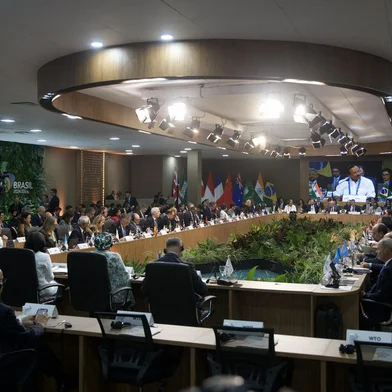 General view of the G20 foreign ministers meeting in Rio de Janeiro, Brazil, taken on February 21, 2024. Foreign ministers of the G20 group of nations open a two-day meeting Wednesday in Brazil, with a bleak outlook for progress on a thorny agenda of conflicts and crises, from the Gaza and Ukraine wars to growing polarization. (Photo by MAURO PIMENTEL / AFP)<!-- NICAID(15686476) -->