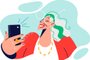 Elderly woman takes selfie on phone and smiling poses for picture for social networkIdosa tirando selfie; foto; retrato. Foto: Valery / stock.adobe.comFonte: 619573467<!-- NICAID(15525089) -->