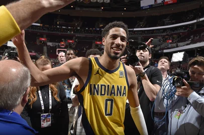 CLEVELAND, OH - MAY 13: Tyrese Haliburton #0 of the Indiana Pacers smiles after the game against the Cleveland Cavaliers during Round Two Game Five of the 2025 NBA Playoffs on May 13, 2025 at Rocket Mortgage FieldHouse in Cleveland, Ohio. NOTE TO USER: User expressly acknowledges and agrees that, by downloading and/or using this Photograph, user is consenting to the terms and conditions of the Getty Images License Agreement. Mandatory Copyright Notice: Copyright 2025 NBAE   David Liam Kyle/NBAE via Getty Images/AFP (Photo by David Liam Kyle / NBAE / Getty Images / Getty Images via AFP)<!-- NICAID(16036521) -->